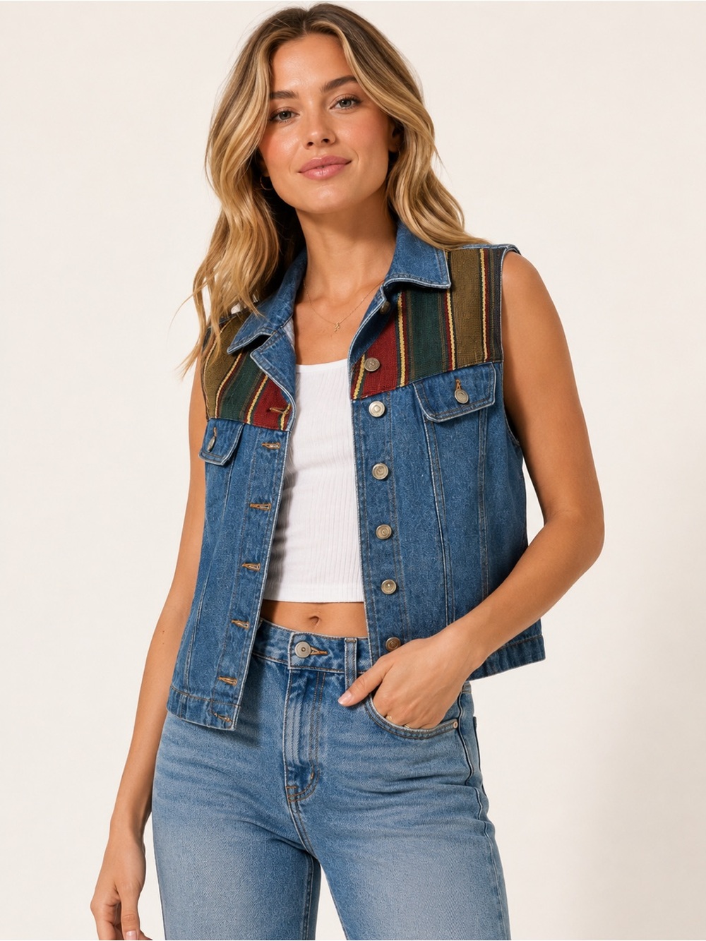 Silver River Denim Vest XL Western Woven Detail